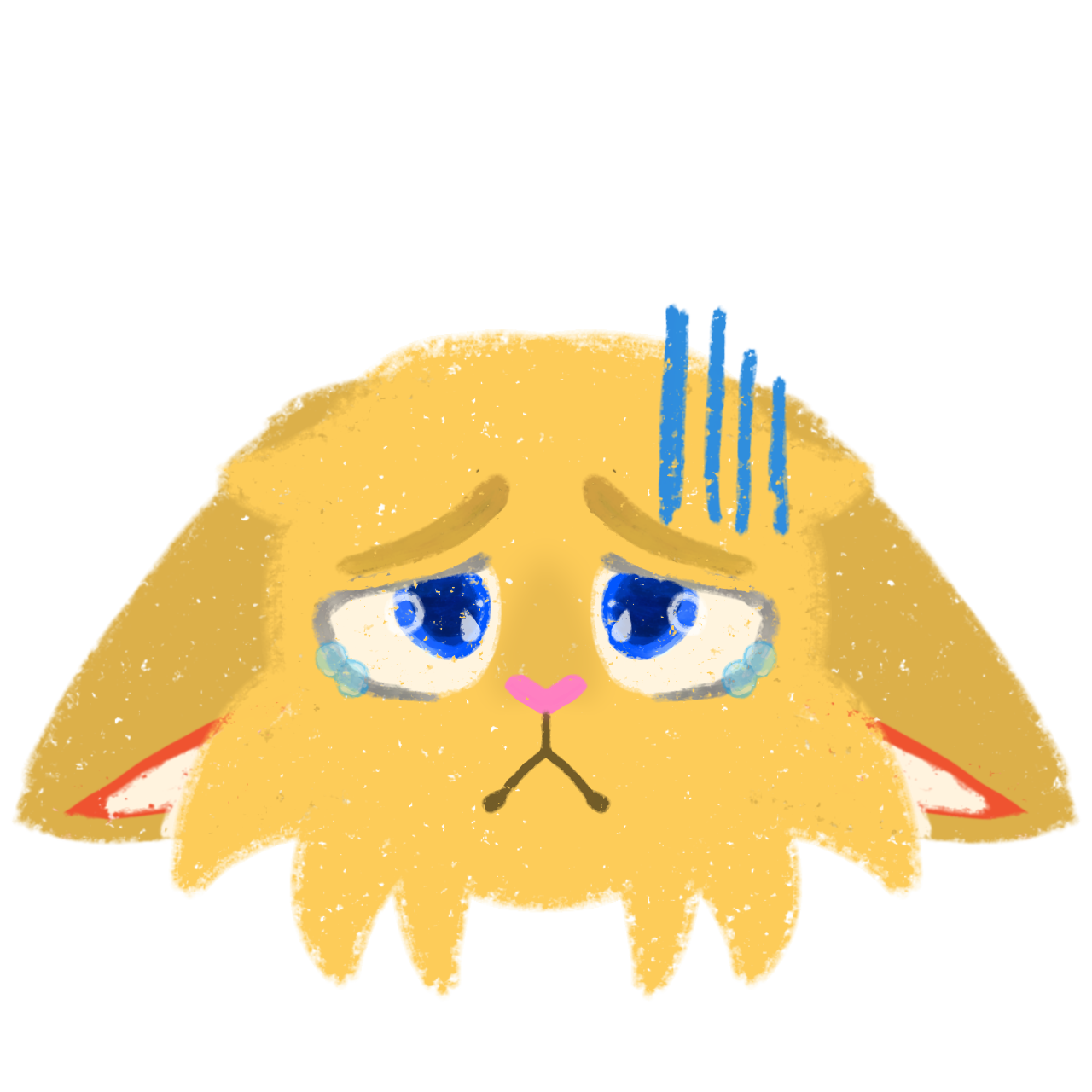  a cartoon-style drawing of a sad yellow cat. It has big, teary eyes, a downturned mouth, and a few blue lines above its head.